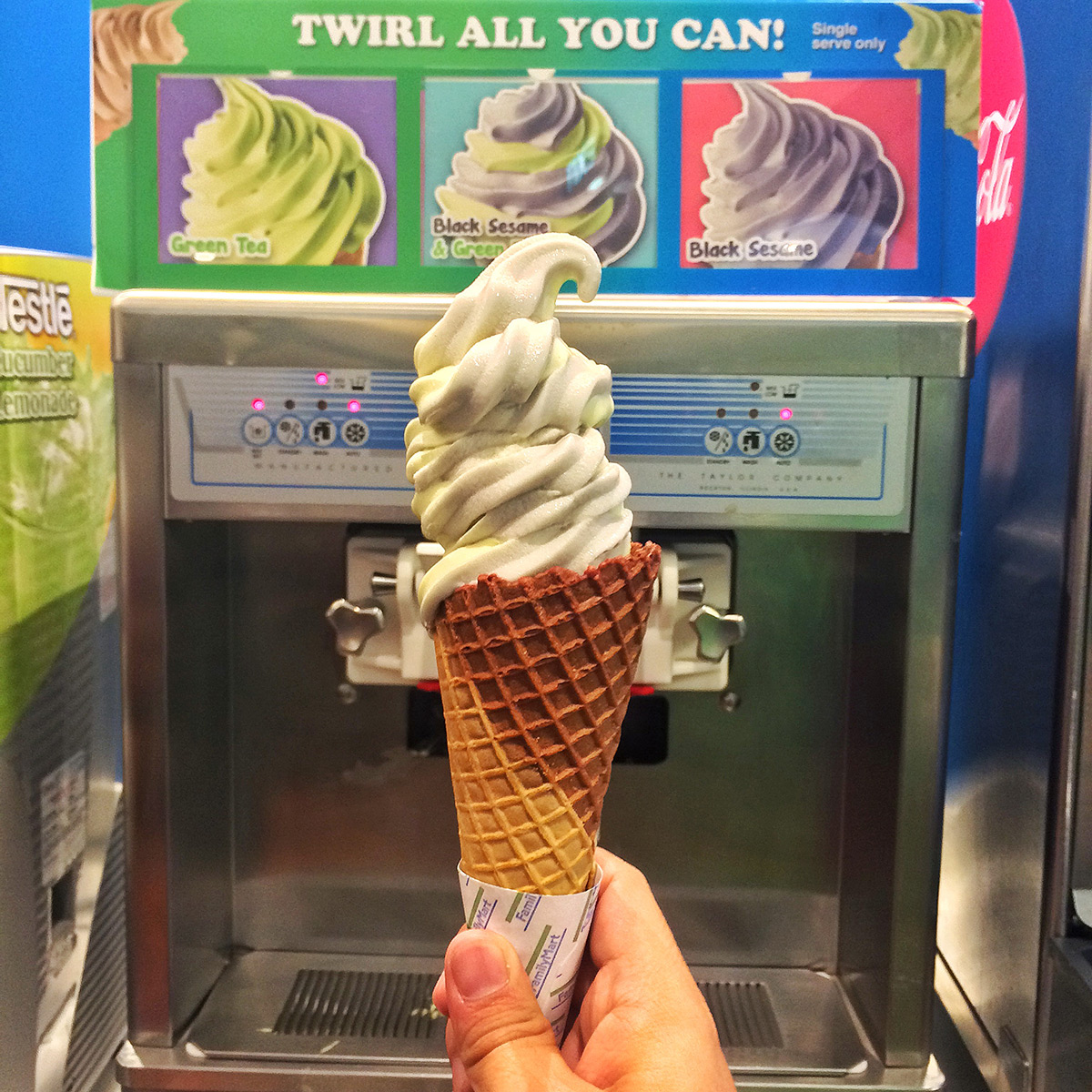 FamilyMart Twirl All You Can in Green Tea and Black Sesame soft serve ice cream